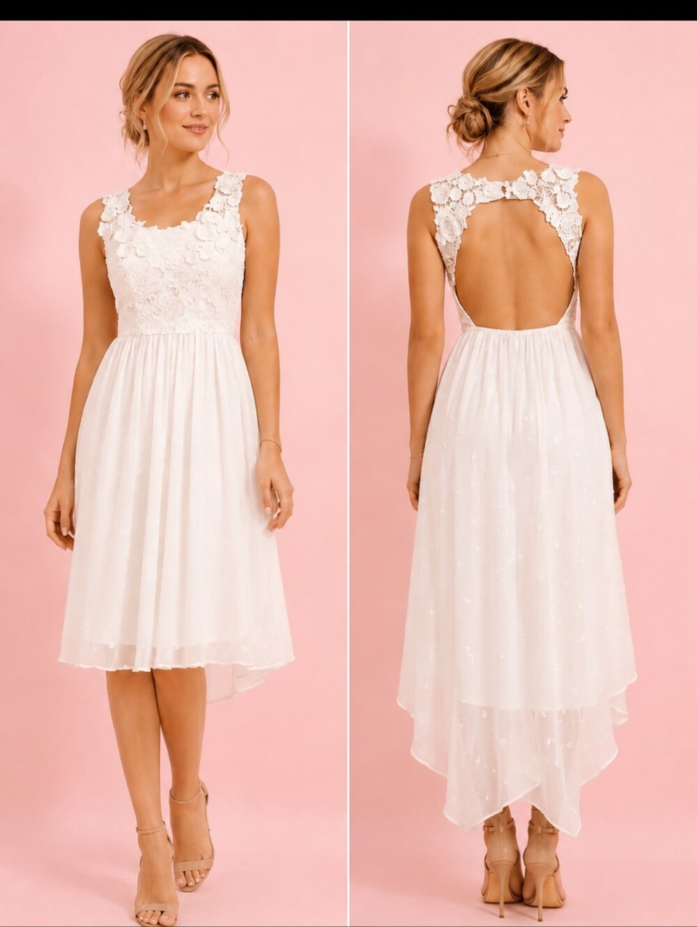 lace bodice backless flowy chiffon embroidered High Low white dress Coquette 4